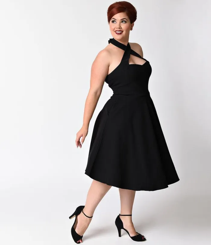 Plus Size Black Criss Cross Halter Rita Flare Dress DressesPlus Unique Vintage Pocket Dresses