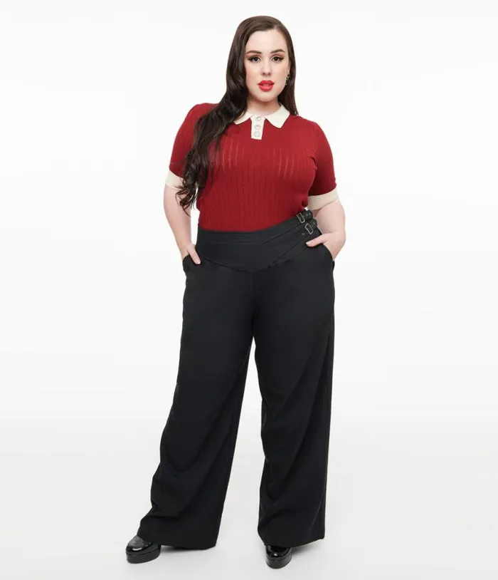 Plus Size Black Double Belt Woven Pants ClothingPlus Unique Vintage Pants