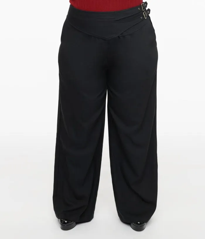 Plus Size Black Double Belt Woven Pants ClothingPlus Unique Vintage Pants