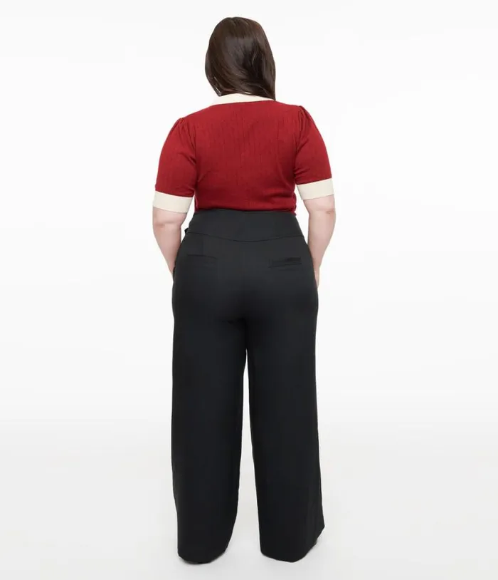 Plus Size Black Double Belt Woven Pants ClothingPlus Unique Vintage Pants