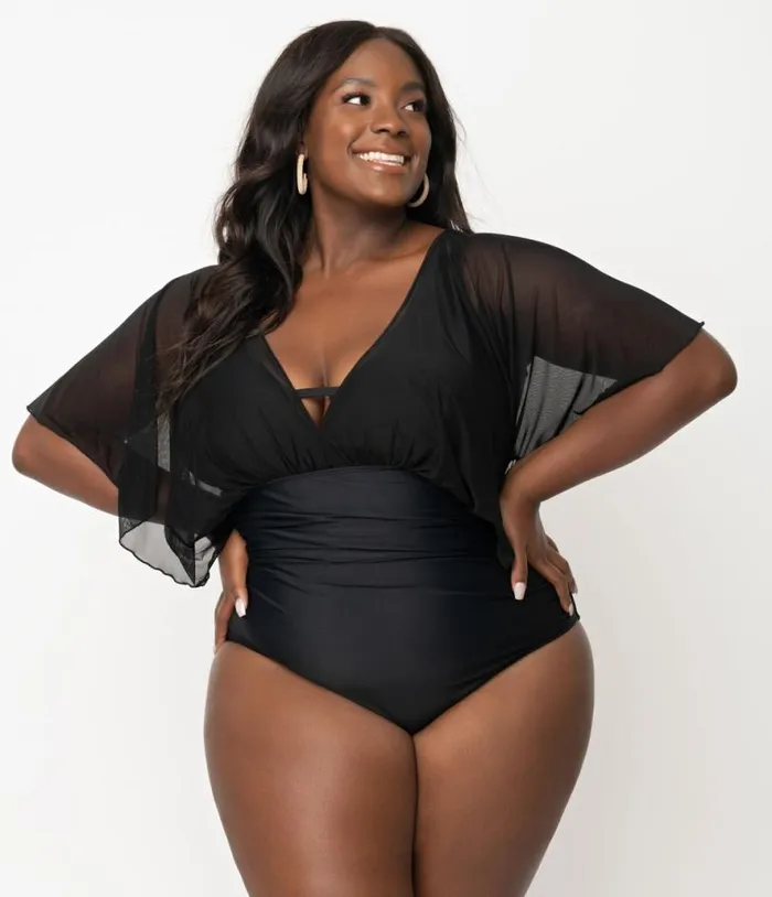 Plus Size Black Mesh Sleeved Torrey Swimsuit Plus Unique Vintage One Piece Swim
