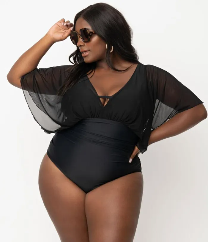 Plus Size Black Mesh Sleeved Torrey Swimsuit Plus Unique Vintage One Piece Swim