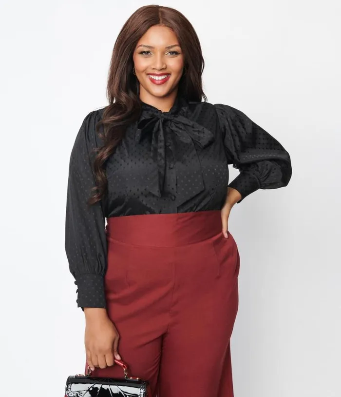 Plus Size Black Satin Polka Dot Gwen Blouse ClothingPlus Unique Vintage Blouses