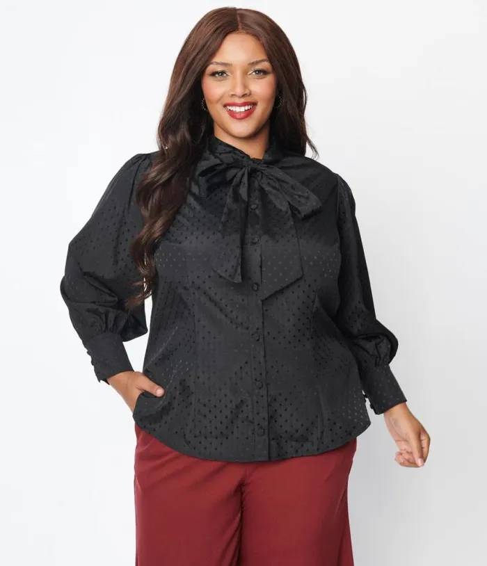 Plus Size Black Satin Polka Dot Gwen Blouse ClothingPlus Unique Vintage Blouses