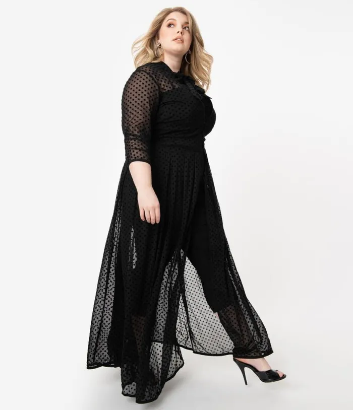 Plus Size Black Swiss Dot Starlet Duster DressesPlus Unique Vintage Midi and Maxi Plus Size Black Swiss Dot Starlet Duster DressesPlus Unique Vintage Midi and Maxi