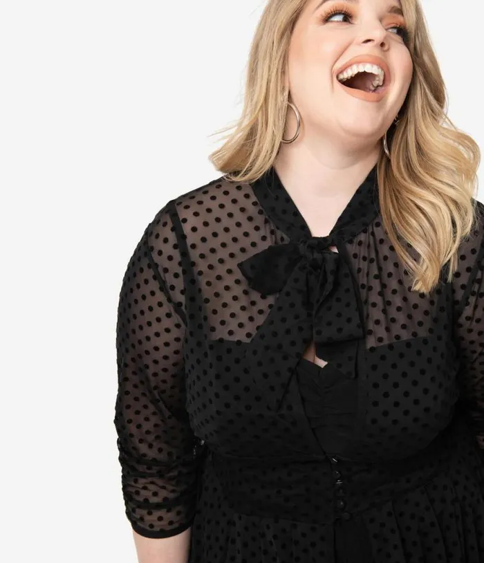 Plus Size Black Swiss Dot Starlet Duster DressesPlus Unique Vintage Midi and Maxi