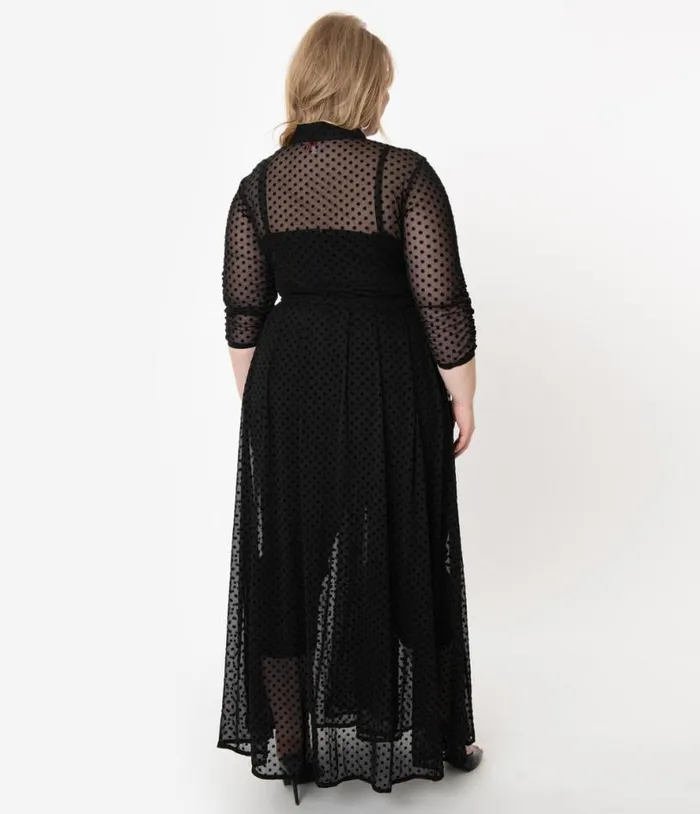 Plus Size Black Swiss Dot Starlet Duster DressesPlus Unique Vintage Midi and Maxi