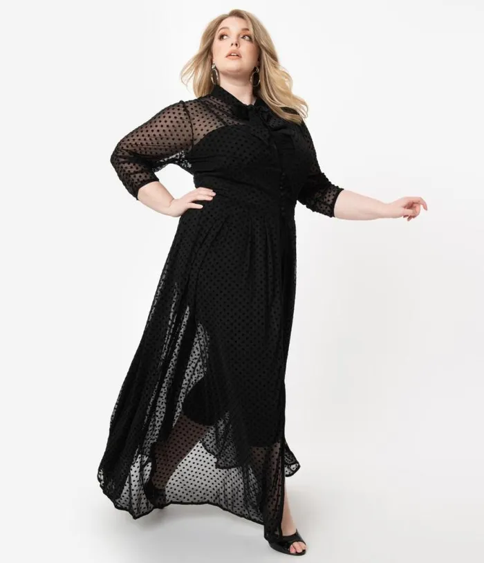 Plus Size Black Swiss Dot Starlet Duster DressesPlus Unique Vintage Midi and Maxi