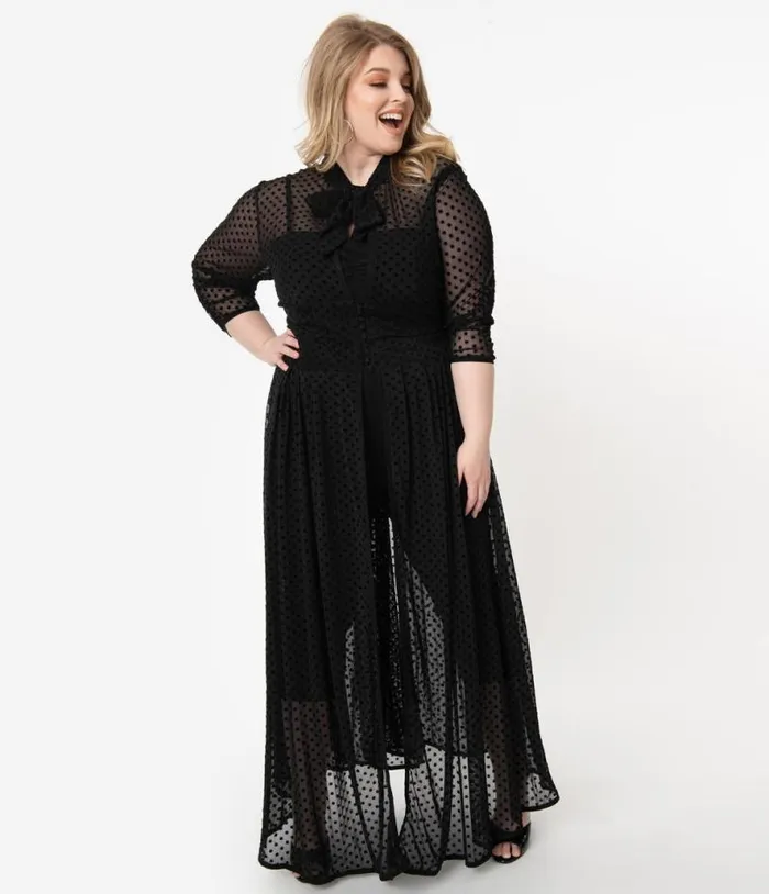 Plus Size Black Swiss Dot Starlet Duster DressesPlus Unique Vintage Midi and Maxi