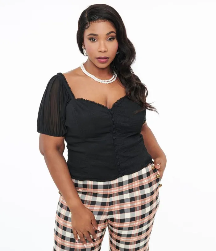 Plus Size Black Textured Sweetheart Puff Sleeve Top ClothingPlus Unique Vintage Blouses