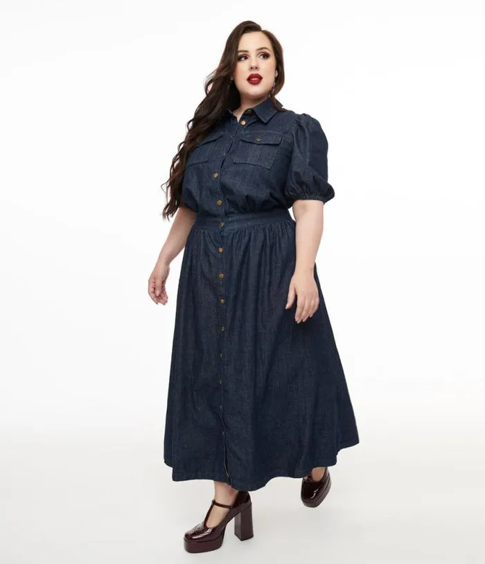 Plus Size Blue Denim Get The Look Midi Dress Dresses Unique Vintage Pocket Dresses Plus Size Blue Denim Get The Look Midi Dress Dresses Unique Vintage Pocket Dresses