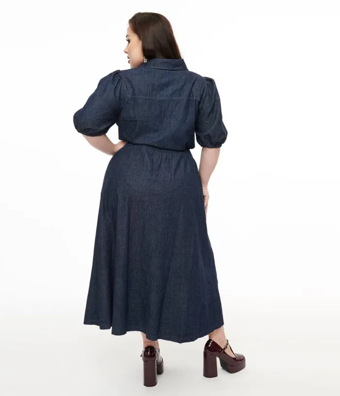 Plus Size Blue Denim Get The Look Midi Dress Dresses Unique Vintage Pocket Dresses