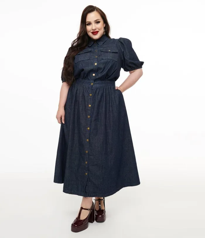Plus Size Blue Denim Get The Look Midi Dress Dresses Unique Vintage Pocket Dresses