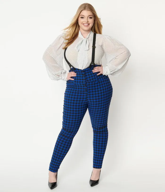 Plus Size Blue Gingham Moorehead Skinny Suspender Pants ClothingPlus Unique Vintage Pants Plus Size Blue Gingham Moorehead Skinny Suspender Pants ClothingPlus Unique Vintage Pants