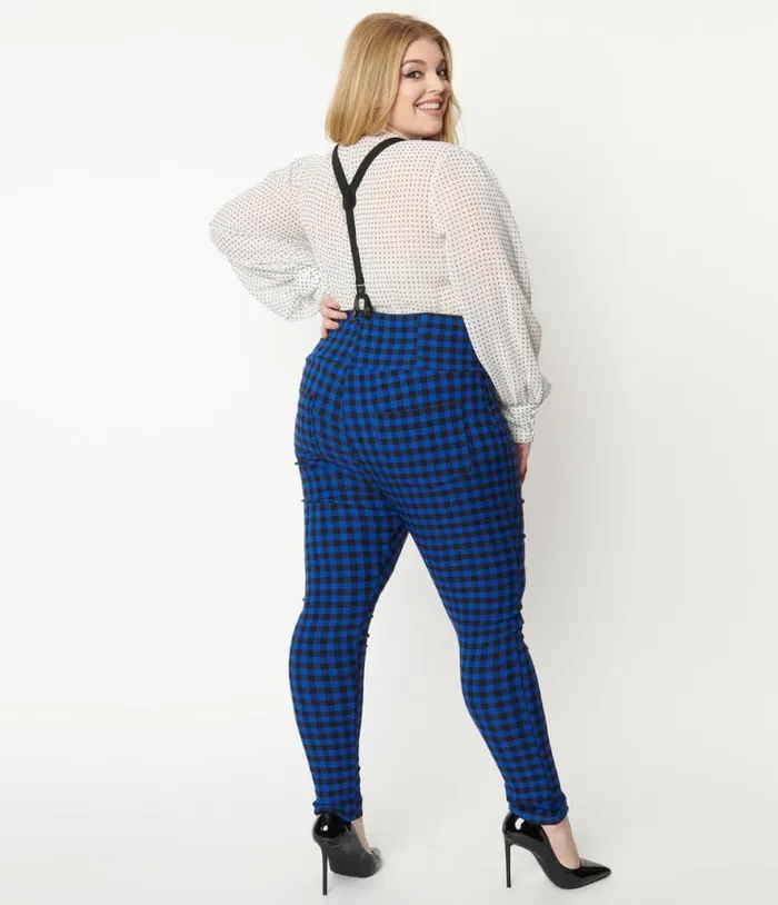Plus Size Blue Gingham Moorehead Skinny Suspender Pants ClothingPlus Unique Vintage Pants