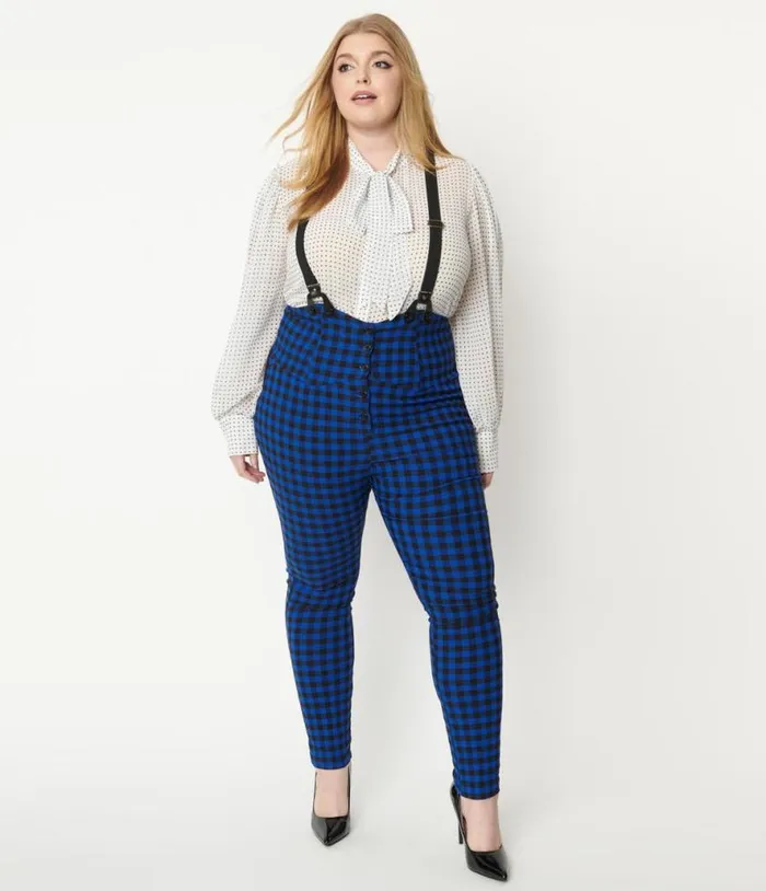 Plus Size Blue Gingham Moorehead Skinny Suspender Pants ClothingPlus Unique Vintage Pants