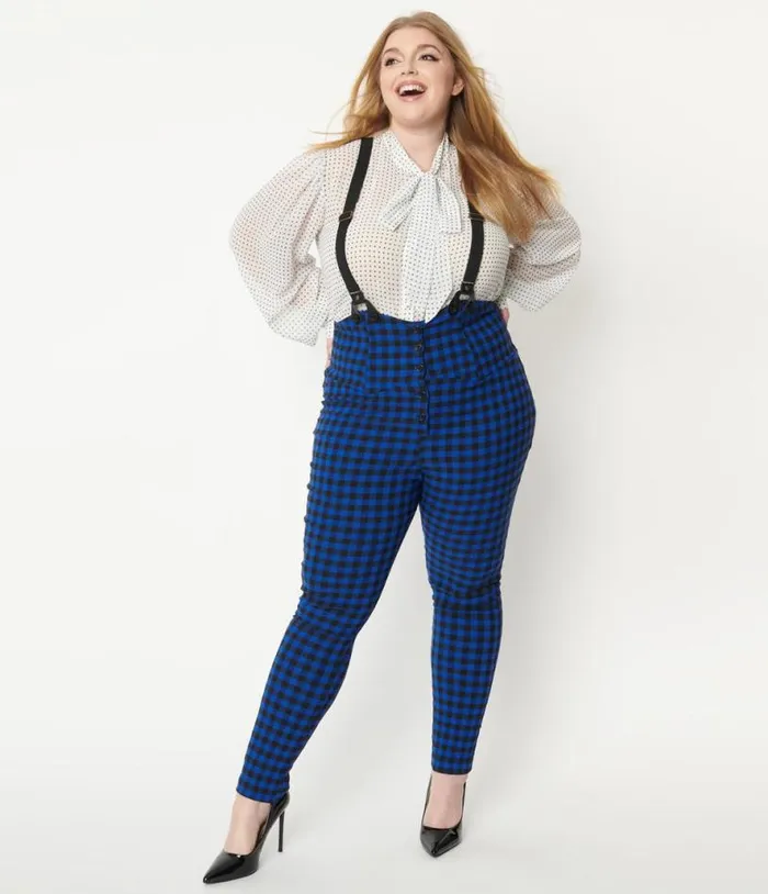 Plus Size Blue Gingham Moorehead Skinny Suspender Pants ClothingPlus Unique Vintage Pants