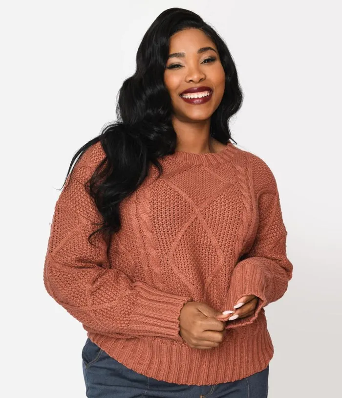 Plus Size Brick Red Cable Knit Oversize Sweater Clothing Unique Vintage Sweaters and Cardigans