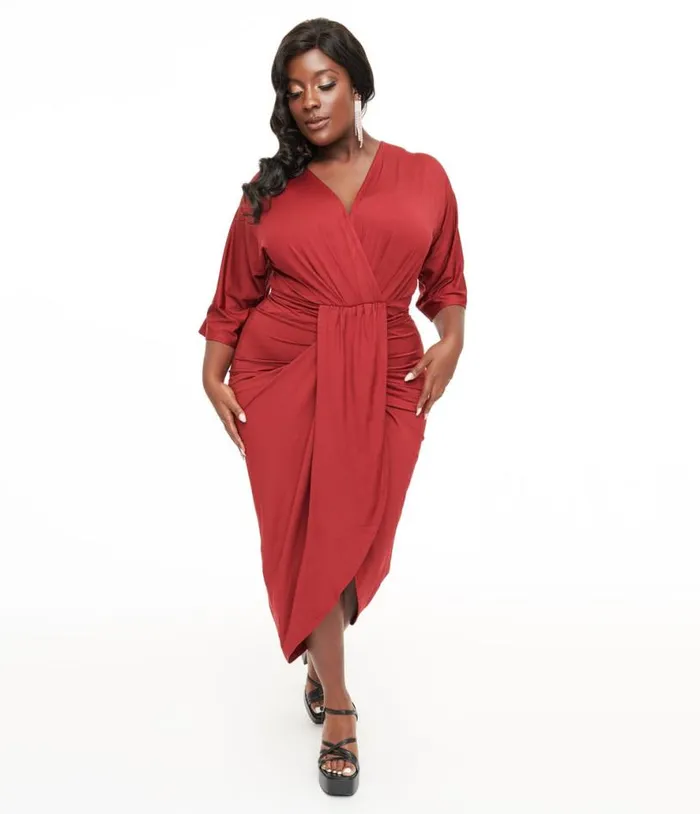 Plus Size Burgundy Ruched Wiggle Dress DressesPlus Unique Vintage Pencil