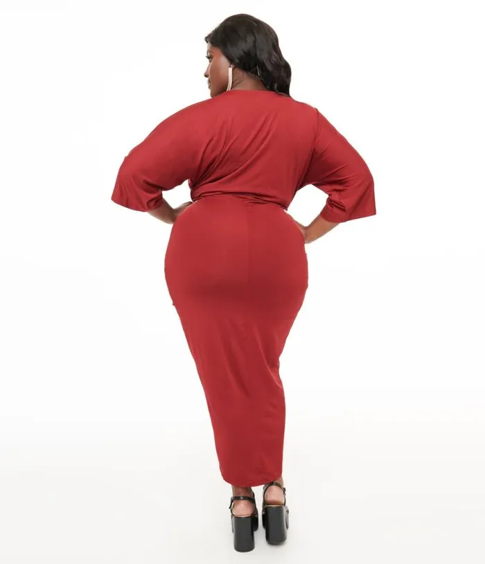 Plus Size Burgundy Ruched Wiggle Dress DressesPlus Unique Vintage Pencil