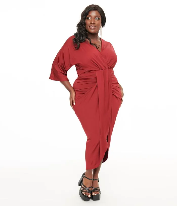 Plus Size Burgundy Ruched Wiggle Dress DressesPlus Unique Vintage Pencil