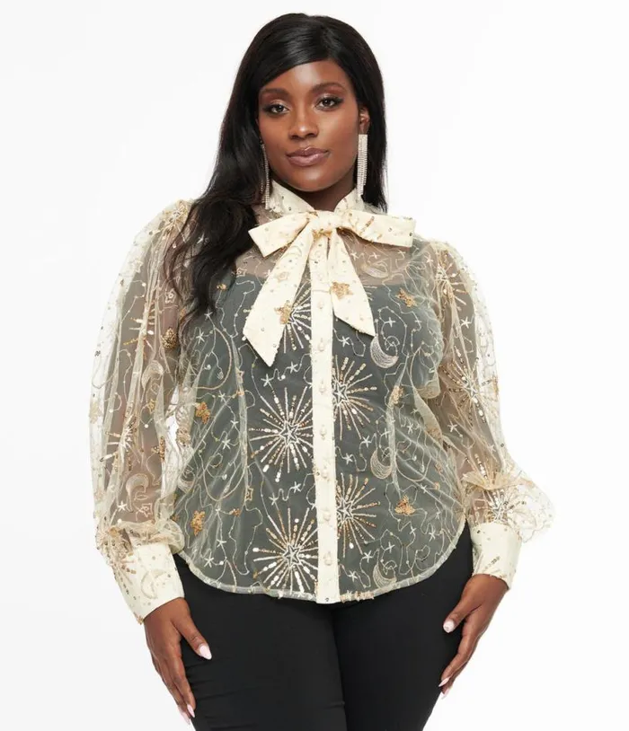Plus Size Champagne Celestial Sequin Sheer Gwen Blouse ClothingPlus Unique Vintage Blouses