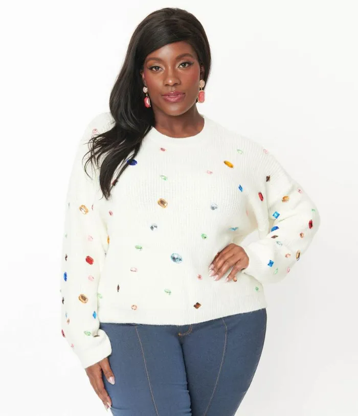 Plus Size Cream Bejeweled Pullover Sweater ClothingPlus Unique Vintage Sweaters and Cardigans Plus Size Cream Bejeweled Pullover Sweater ClothingPlus Unique Vintage Sweaters and Cardigans