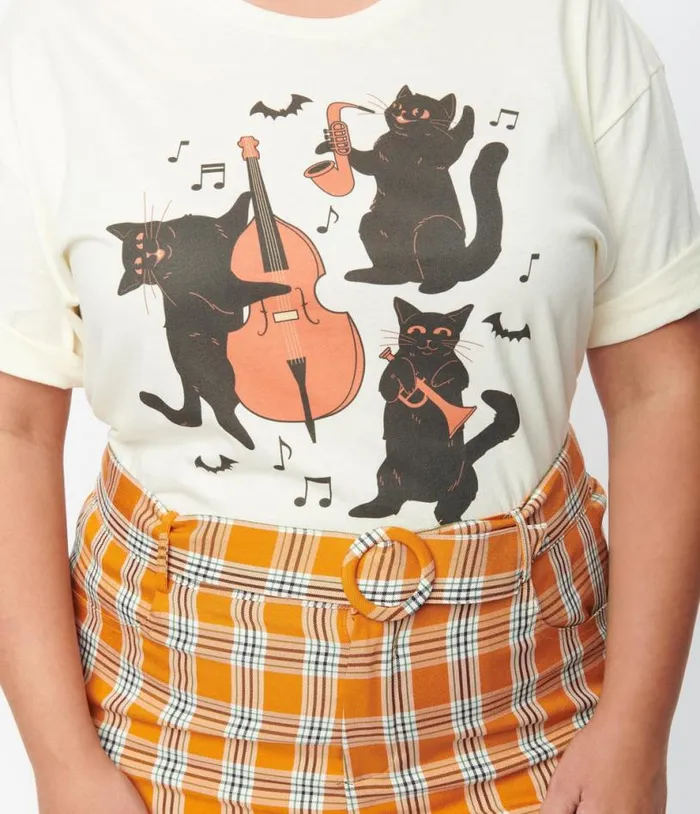 Plus Size Cream Jazz Cats Unisex Graphic Tee ClothingHalloweenPlus Unique Vintage Graphic Tees