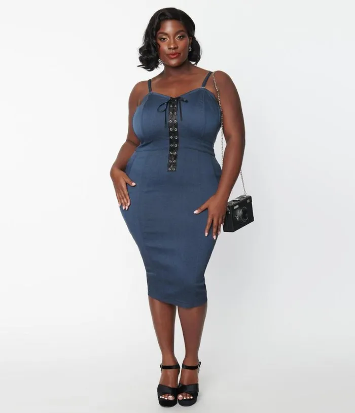 Plus Size Dark Denim Corset Ellison Wiggle Dress DressesPlus Unique Vintage Pencil Plus Size Dark Denim Corset Ellison Wiggle Dress DressesPlus Unique Vintage Pencil