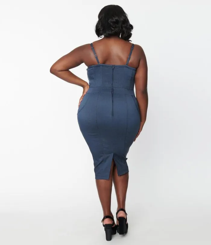 Plus Size Dark Denim Corset Ellison Wiggle Dress DressesPlus Unique Vintage Pencil