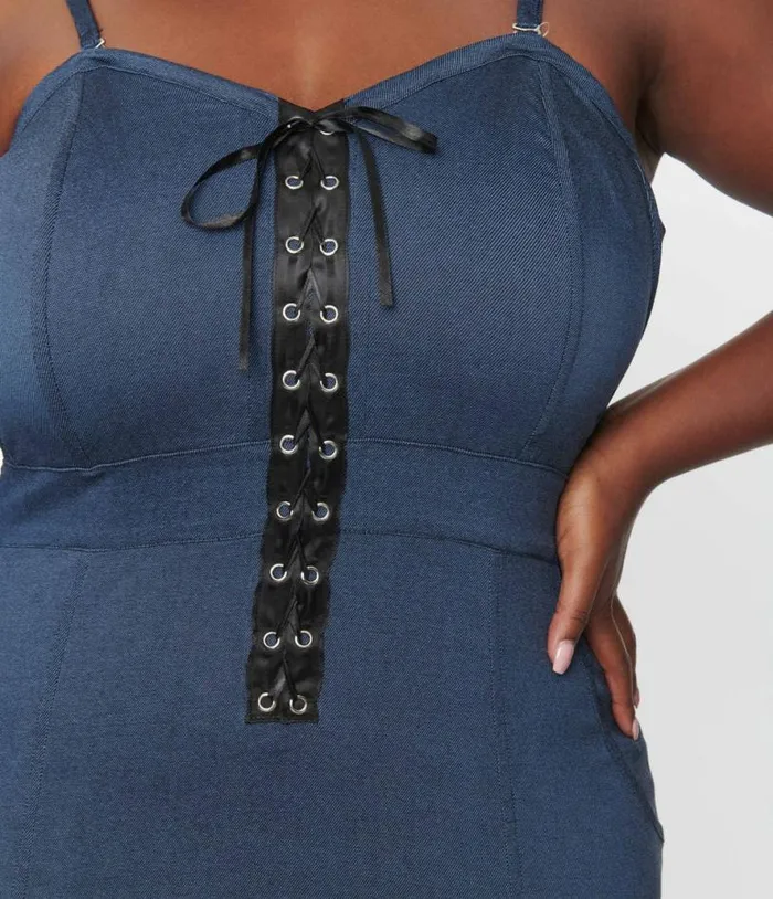 Plus Size Dark Denim Corset Ellison Wiggle Dress DressesPlus Unique Vintage Pencil