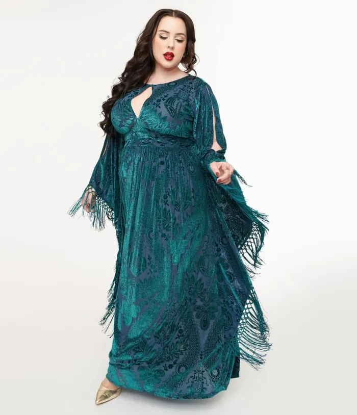 Plus Size Emerald Floral Fringe Flutter Sleeve Caftan DressesPlus Unique Vintage Midi and Maxi