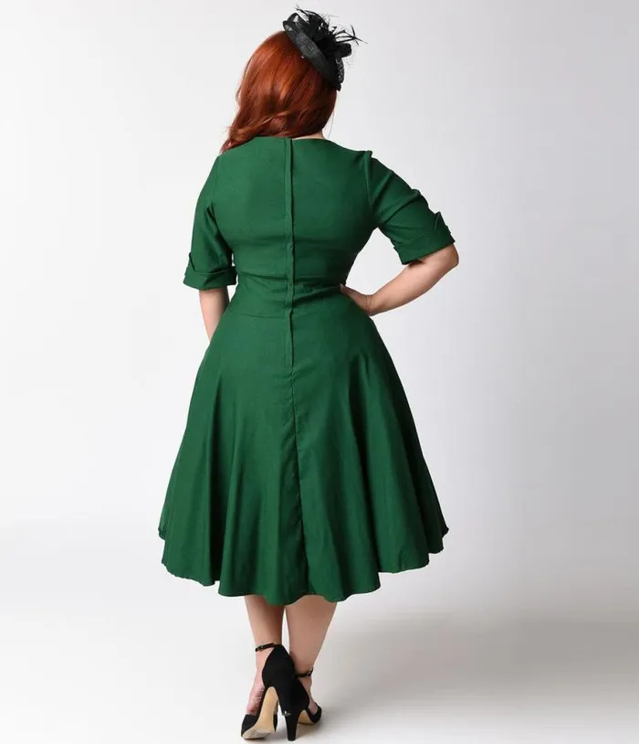 Plus Size Emerald Green Delores Swing Dress With Sleeves DressesPlus Unique Vintage Pocket Dresses