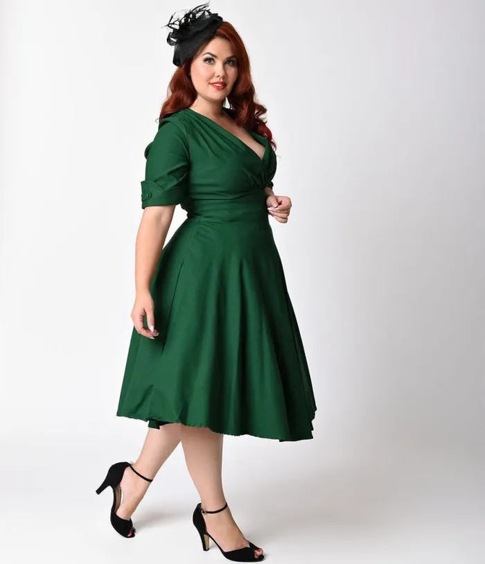 Plus Size Emerald Green Delores Swing Dress With Sleeves DressesPlus Unique Vintage Pocket Dresses