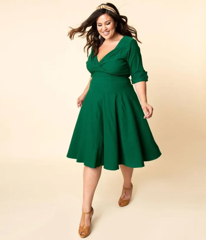 Plus Size Emerald Green Delores Swing Dress With Sleeves DressesPlus Unique Vintage Pocket Dresses