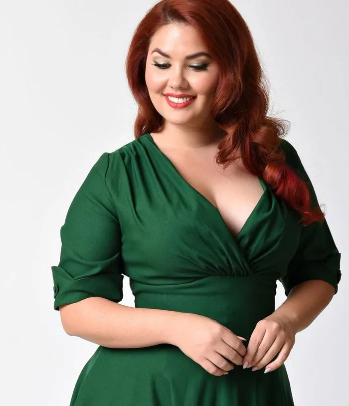 Plus Size Emerald Green Delores Swing Dress With Sleeves DressesPlus Unique Vintage Pocket Dresses