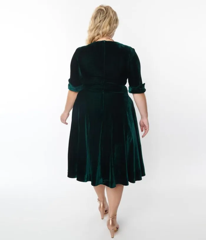 Plus Size Emerald Green Velvet Delores Swing Dress DressesPlus Unique Vintage Swing
