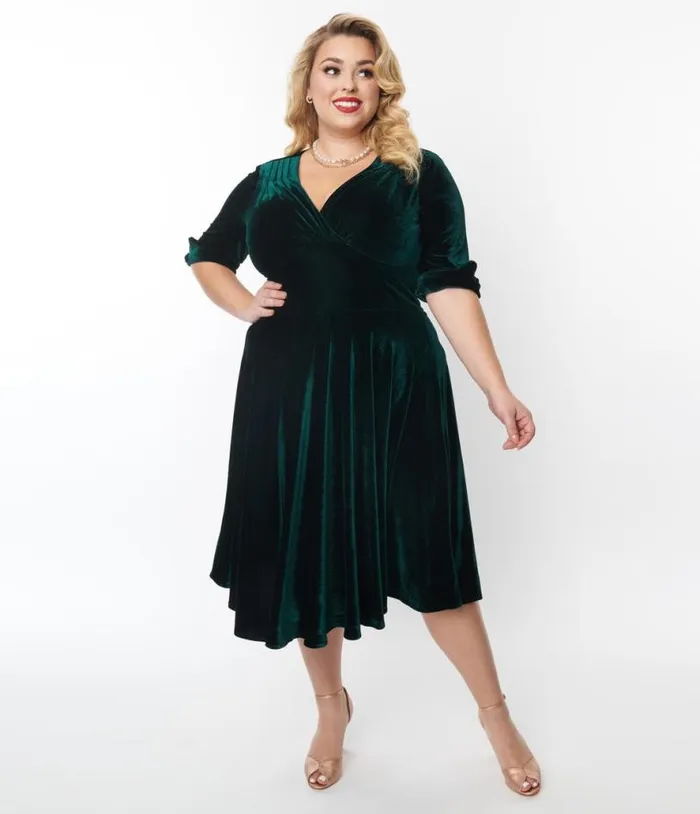 Plus Size Emerald Green Velvet Delores Swing Dress DressesPlus Unique Vintage Swing