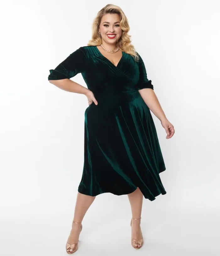 Plus Size Emerald Green Velvet Delores Swing Dress DressesPlus Unique Vintage Swing