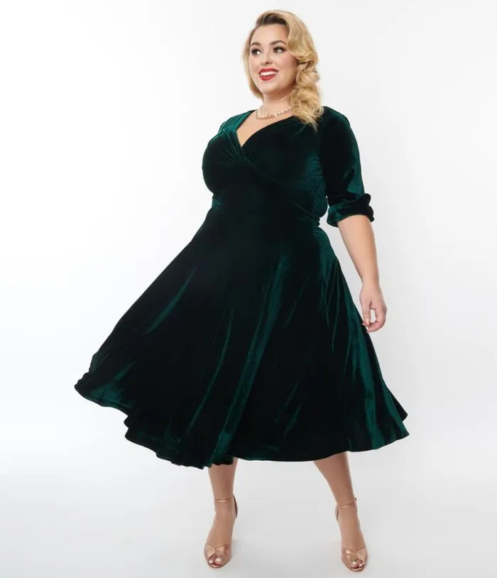 Plus Size Emerald Green Velvet Delores Swing Dress DressesPlus Unique Vintage Swing