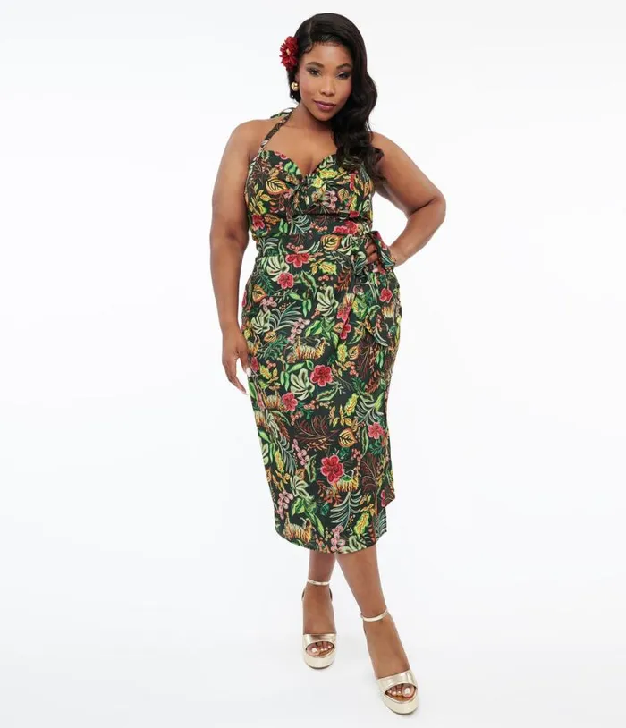 Plus Size Green Jungle Cat Print Leilani Sarong Dress DressesPlus Unique Vintage Pencil Plus Size Green Jungle Cat Print Leilani Sarong Dress DressesPlus Unique Vintage Pencil