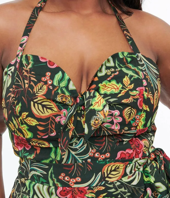 Plus Size Green Jungle Cat Print Leilani Sarong Dress DressesPlus Unique Vintage Pencil