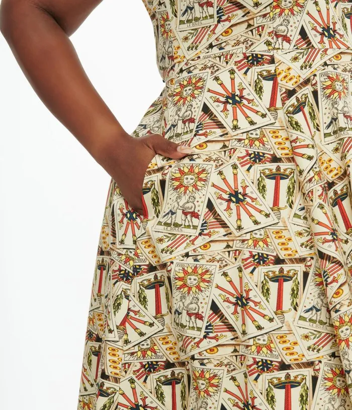 Plus Size Ivory and Tarot Card Print Cotton Swing Dress DressesHalloweenPlus Unique Vintage Pocket Dresses
