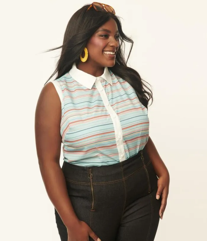 Plus Size Mint and Coral Stripe Rochester Top Clothing Unique Vintage Blouses