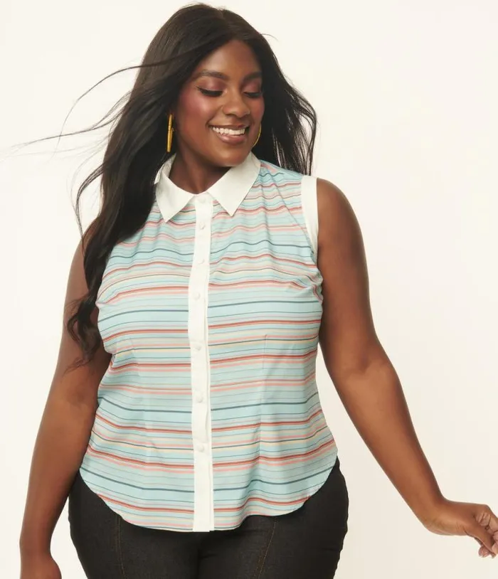 Plus Size Mint and Coral Stripe Rochester Top Clothing Unique Vintage Blouses