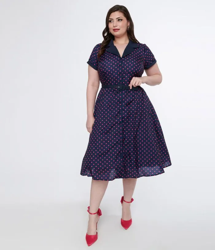 Plus Size Navy and Hot Pink Dot Alexis Swing Dress DressesPlus Unique Vintage Pocket Dresses