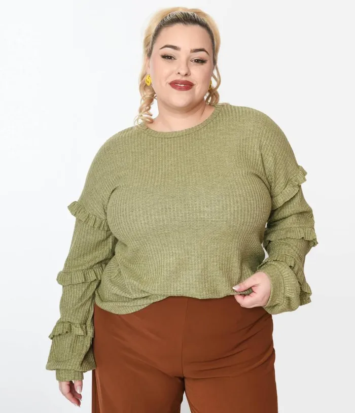 Plus Size Olive Green Ruffle Trim Ribbed Pullover Sweater ClothingPlus Unique Vintage Sweaters and Cardigans Plus Size Olive Green Ruffle Trim Ribbed Pullover Sweater ClothingPlus Unique Vintage Sweaters and Cardigans