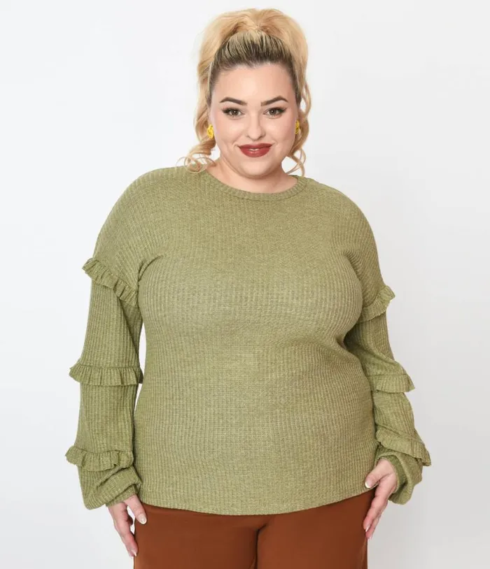 Plus Size Olive Green Ruffle Trim Ribbed Pullover Sweater ClothingPlus Unique Vintage Sweaters and Cardigans