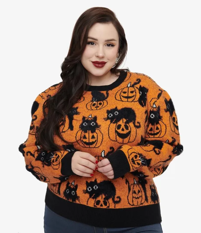 Plus Size Orange Pumpkin and Black Cat Print Sweater ClothingHalloweenPlus Unique Vintage Sweaters and Cardigans Plus Size Orange Pumpkin and Black Cat Print Sweater ClothingHalloweenPlus Unique Vintage Sweaters and Cardigans