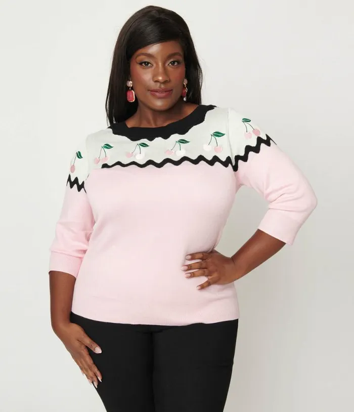 Plus Size Pink and Black Cherry Sweater ClothingPlus Unique Vintage Sweaters and Cardigans Plus Size Pink and Black Cherry Sweater ClothingPlus Unique Vintage Sweaters and Cardigans
